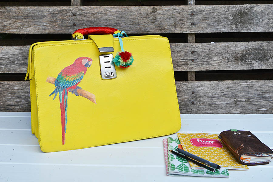 How To Make An Upcycled Leather Bag With Paint and Print - Pillar Box Blue
